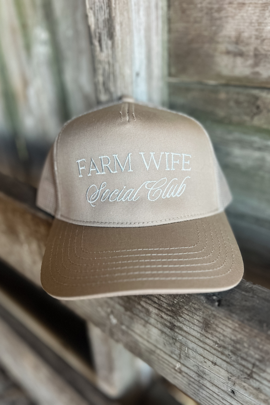 Farm Wife Social Club Trucker Hat with Mesh Back - Light Tan
