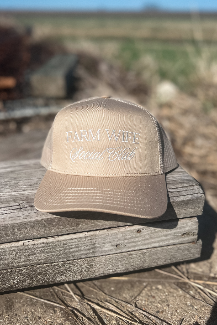 Farm Wife Social Club Trucker Hat with Mesh Back - Light Tan